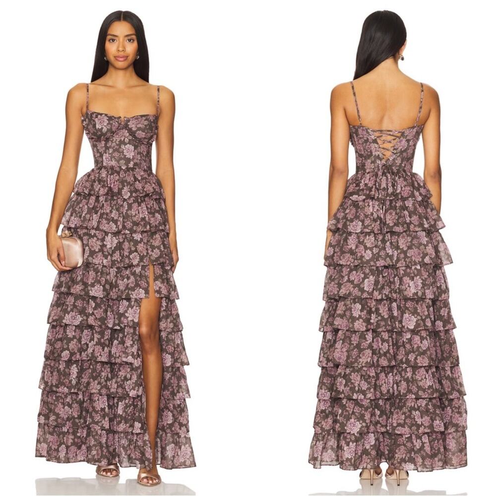 V. CHAPMAN Josephine Floral Ruffle Tiered Bustier Chocolate Maxi Dress Size 10